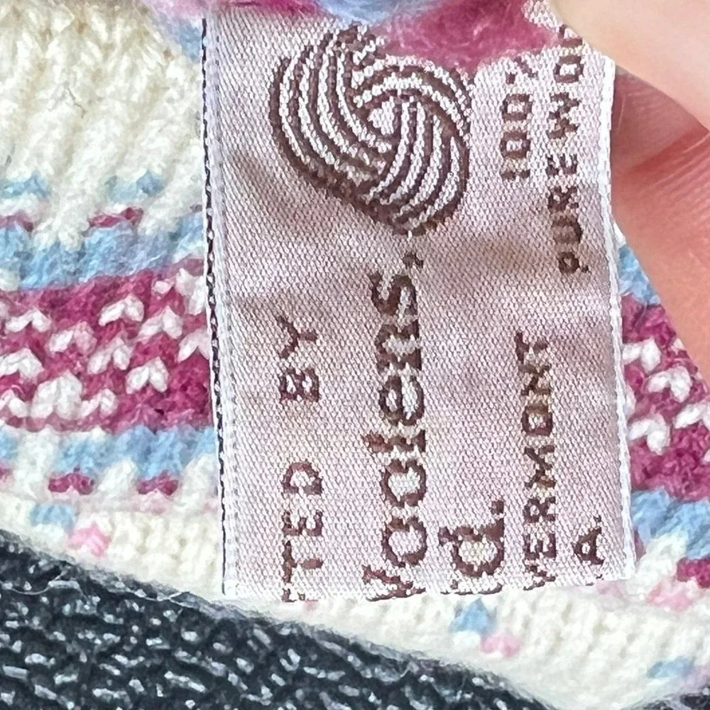 VTG Stowe Woolens Fair Isle Pom Pom Beanie Cream Pink Blue Wool Ski Hat Coquette